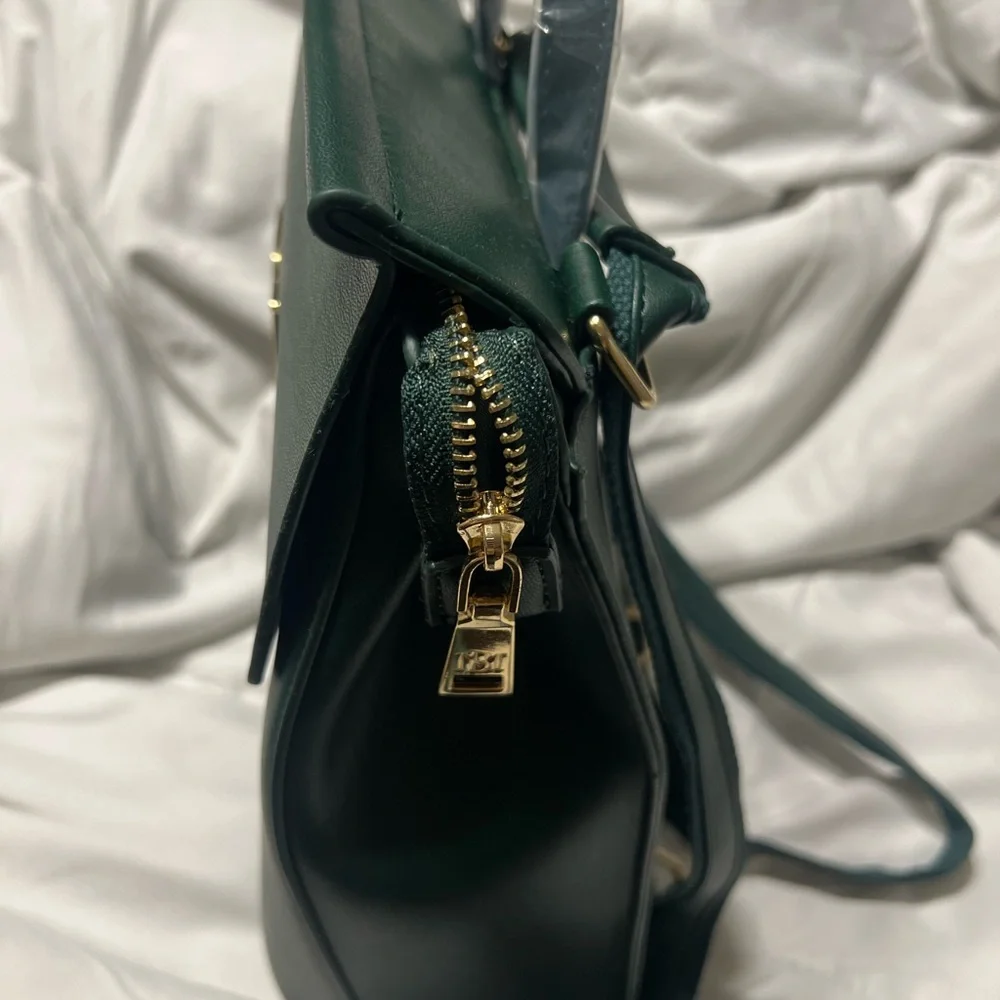 Badgley Mischka Green Leather Backpack with Gold Emblem - Picture 4 of 4